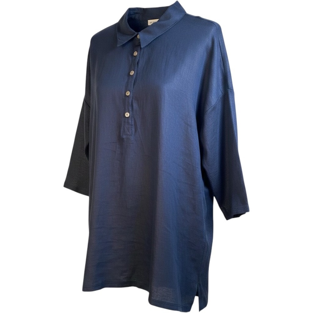 J. Jill Polo Tunic Womens Medium Navy Blue Linen Coastal Minimalist Lagenlook